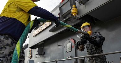 Leading Seaman Jeffrey Drew, left, and Seaman Lachlan Bucknell, prepare to refuel HMAS Ararat at HMAS Coonawarra, Darwin. Photo by Leading Seaman Shane Cameron.