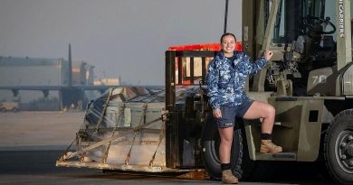 Leading Aircraftwoman Lisa Stephens prepares to load a C-130J Hercules in the Middle East region. Photo by Sergeant Ben Dempster.