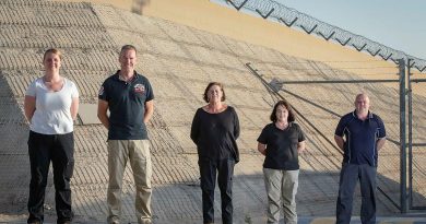 Ros Radburn, left, Glen Bouwman, Carmel Ryan, Jacqui Stuart and Luke Collison on Operation Accordion in the Middle East region. Photo by Sergeant Ben Dempster.