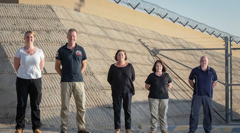 Ros Radburn, left, Glen Bouwman, Carmel Ryan, Jacqui Stuart and Luke Collison on Operation Accordion in the Middle East region. Photo by Sergeant Ben Dempster.