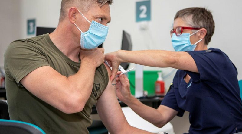 Private Matthew Marsh receives his COVID-19 vaccine at Royal Prince Alfred Hospital in Sydney. Photos by ABIS Daniel Goodman.