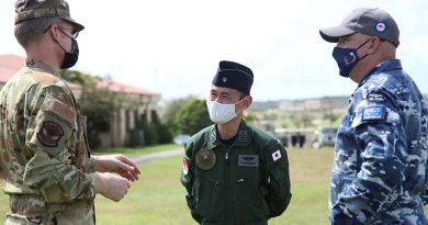 Lieutenant Colonel Adam Shockley from the US Air Force, Colonel Shinobu Yamamoto from the Japanese Air Self-Defense Force and Wing Commander Alan Brown from RAAF discuss operational matters during Exercise Cope North. Photo by Master Sergeant Masumi Suehara.