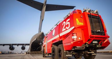 The final Rosenbauer Panther Crash Tender is loaded onto a Royal Australian Air Force C-17A Globemaster III aircraft. Photo by Sergeant Ben Dempster.