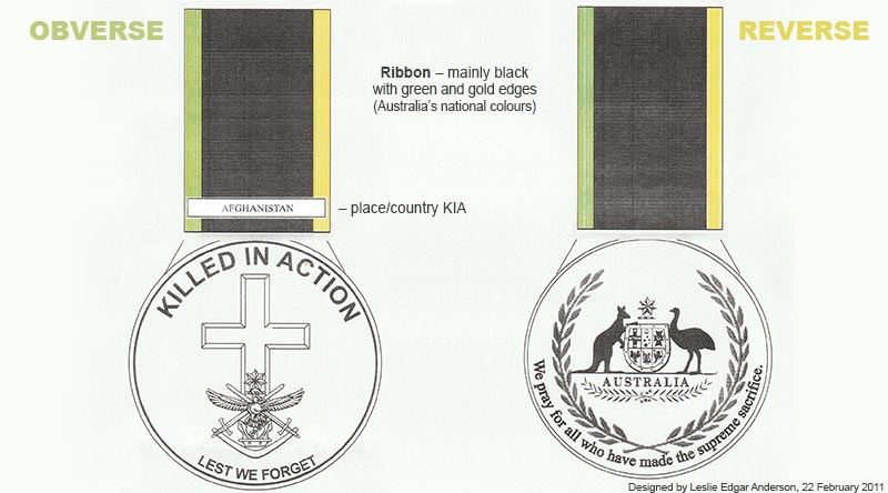 A proposed design for an Australian Killed in Action medal. Submitted by Leslie Edgar Anderson.