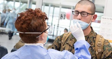 A US Marine with the 2021 Marine Rotational Force - Darwin is COVID-19 tested on arrival at RAAF Base Darwin. Photo by Petty Officer Peter Thompson.