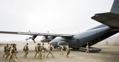 New Zealand troops board a RNZAF Hercules in Bamiyan province, Afghanistan. NZDF photo.