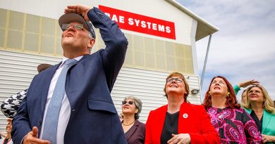 Prime Minister Scott Morrison, Minister for Defence Linda Reynolds and Minister for Defence Industry Melissa Price watch an F-35A handling display during the official opening of BAESA maintenance depot at Newcastle Airport. Photo by Corporal Craig Barrett.