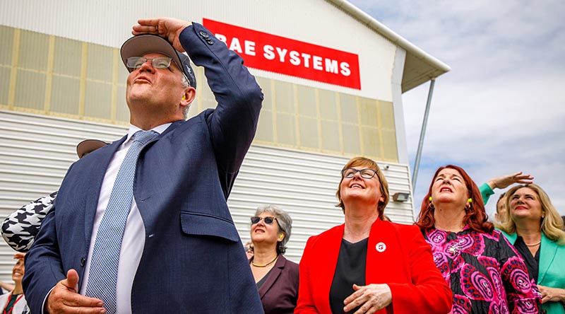 Prime Minister Scott Morrison, Minister for Defence Linda Reynolds and Minister for Defence Industry Melissa Price watch an F-35A handling display during the official opening of BAESA maintenance depot at Newcastle Airport. Photo by Corporal Craig Barrett.