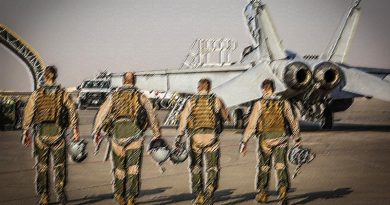 F/A-18F Super Hornet aircrew walk out for the final mission on Operation Okra at the main air operating base in the Middle East Region. Photo by Corporal Brenton Kwaterski, stylised by CONTACT.