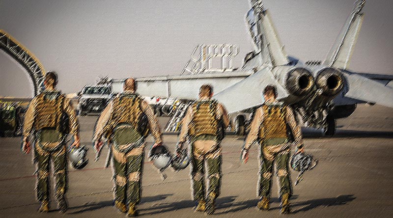 F/A-18F Super Hornet aircrew walk out for the final mission on Operation Okra at the main air operating base in the Middle East Region. Photo by Corporal Brenton Kwaterski, stylised by CONTACT.