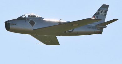 A94-983 Sabre in RAAF's 75 Squadron markings on its first flight after restoration at Temora Aviation Museum. Photo by Brian Hartigan.