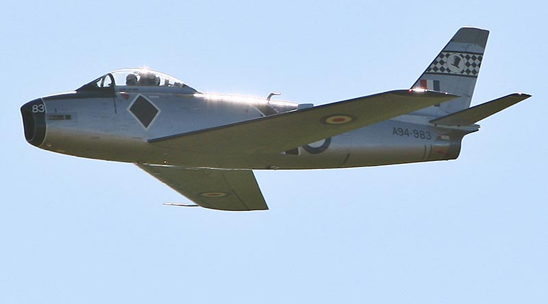 A94-983 Sabre in RAAF's 75 Squadron markings on its first flight after restoration at Temora Aviation Museum. Photo by Brian Hartigan.