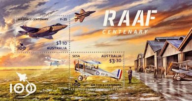 The stamps issued by Australia Post to commemorate the Centenary of the Royal Australian Air Force.