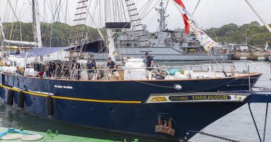 Sail Training Ship Young Endeavour departs HMAS Waterhen, Sydney – resuming her training-voyage program earlier than expected. Photo by Able Seaman Benjamin Ricketts.