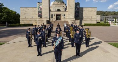 The Air Force Band in ceremonial formation on the forecourt of the Australian War Memorial in Canberra.