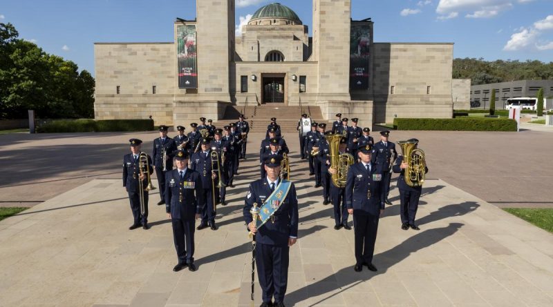 The Air Force Band in ceremonial formation on the forecourt of the Australian War Memorial in Canberra.