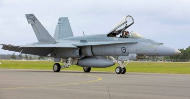 Caption: An Air Force F/A-18A Hornet aircraft from No. 77 Squadron taxis for the final time at RAAF Base Williamtown, New South Wales.