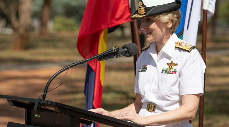 Head of Navy Engineering Rear Admiral Kath Richards addresses members of the Navy Engineering branch at the handover of command ceremony held at Campbell Park Offices in Canberra. Photo by Petty Officer Bradley Darvill.