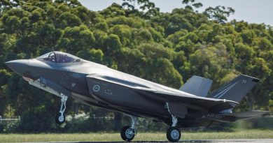 F-35A Lightning II aircraft A35-033 touches down at RAAF Base Williamtown after transiting from the United States. Photo by Sergeant David Gibbs.