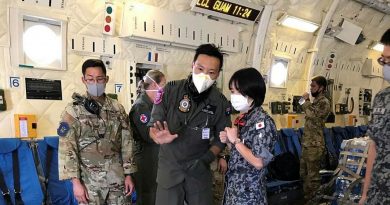 Medical Officer Flight Lieutenant Doctor Perlon Leung, centre, with Japan Air Self-Defense Force and United States Air Force colleagues in a JASDF C-2 during Exercise Cope North. Photo by Squadron Leader Emma Flack.
