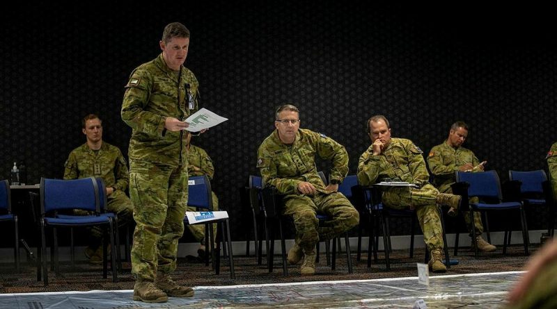 Major Brendon Coghill, of 2nd/14th Light Horse Regiment, provides a brief during Exercise Diamond Dawn. Photo by Corporal Nicole Dorrett.