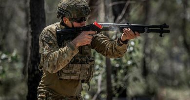 Corporal Shaun Abdilla, from the 6th Battalion, Royal Australian Regiment, fires a Remington 870 shotgun during a live-fire qualification shoot at the Greenbank Military Training Area, Brisbane. Photo by Private Jacob Hilton.