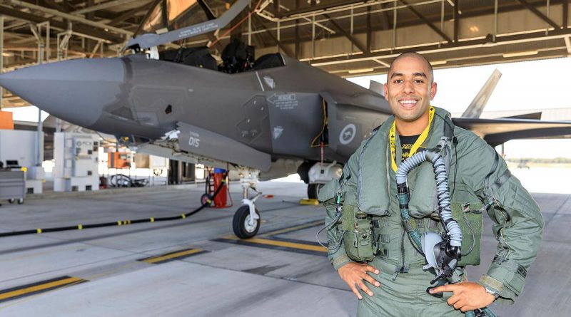 Pilot Officer Jaisal Pal is all smiles after completing his first flight in an F-35A Lightning II during the operational conversion course at RAAF Base Williamtown. Photo by Sergeant David Gibbs.