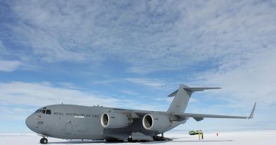 A RAAF C-17A Globemaster III at Wilkins Aerodrome in Antarctica during Operation Southern Discovery. Photo by Michael Wright.
