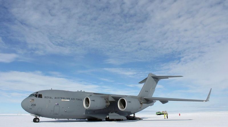 A RAAF C-17A Globemaster III at Wilkins Aerodrome in Antarctica during Operation Southern Discovery. Photo by Michael Wright.