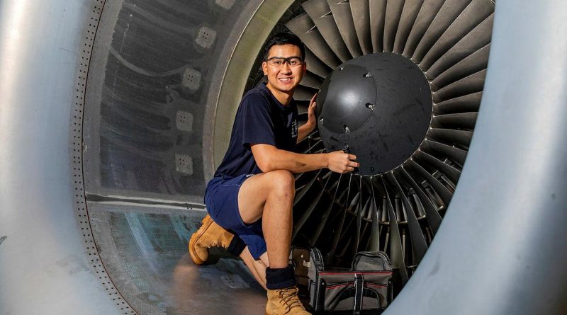 Leading Aircraftman Trung Phan, an aircraft structural fitter from No 36 Squadron, performs maintenance on a C-17 Globemaster III engine at RAAF Base Amberley. Photo by Leading Aircraftwoman Emma Schwenke.
