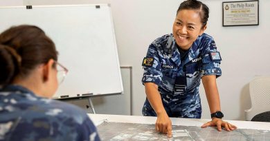 Flight Lieutenant Rachel Morris from No. 23 Squadron briefs her team on events around RAAF Base Amberley. Photo by Leading Aircraftwoman Emma Schwenke.