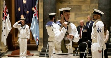 The catafalque party from HMAS Cerberus salutes during a service to commemorate the 79th anniversary of the Battle of Sunda Strait at the Shrine of Remembrance in Melbourne. Photo by Leading Seaman Bonny Gassner.