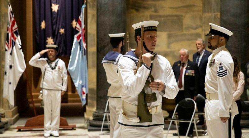 The catafalque party from HMAS Cerberus salutes during a service to commemorate the 79th anniversary of the Battle of Sunda Strait at the Shrine of Remembrance in Melbourne. Photo by Leading Seaman Bonny Gassner.