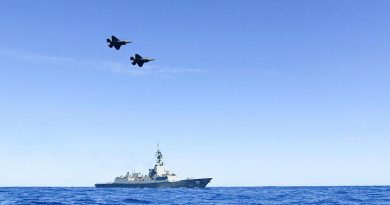 A pair of Air Force F35-A Lightning aircraft conduct a flypast over HMAS Hobart during Exercise Tasman Shield. Photo by Petty Office BT Matchett.