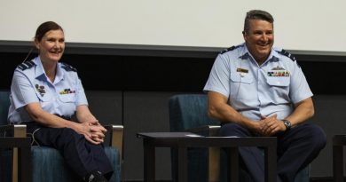 Head of Air Force Capability Air Vice-Marshal Cath Roberts hosts a question and answer session alongside Deputy Chief of Air Force Air Vice-Marshal Stephen Meredith during an International Women’s Day event. Photo by Leading Aircraftman Adam Abela.