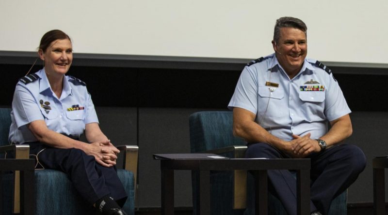 Head of Air Force Capability Air Vice-Marshal Cath Roberts hosts a question and answer session alongside Deputy Chief of Air Force Air Vice-Marshal Stephen Meredith during an International Women’s Day event. Photo by Leading Aircraftman Adam Abela.