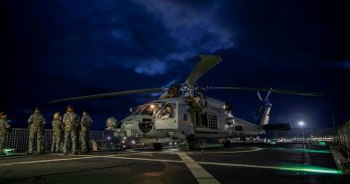 The MH-60R helicopter with the call sign Berserker being prepared for launch from HMAS Anzac. Photo by Leading Seaman Thomas Sawtell.
