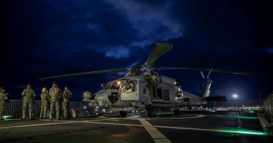 The MH-60R helicopter with the call sign Berserker being prepared for launch from HMAS Anzac. Photo by Leading Seaman Thomas Sawtell.