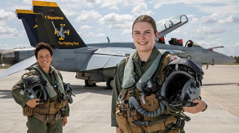 Air Force Super Hornet weapons system officer Flight Lieutenant Zalie, left, and pilot Flying Officer Sophie in front of a No. 1 Squadron F/A-18F Super Hornet at RAAF Base Amberley. Photo by Corporal Nicci Freeman.