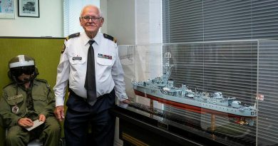 Gerry Shepherd with the scale model of HMAS Bataan he presented to the Navy History Section at the Sea Power Centre, Canberra. Photo by Sergeant Sebastian Beurich.