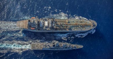 HMAS Anzac conducts a replenishment at sea with HMAS Sirius in the South China Sea. Photo by LSIS Thomas Sawtell.