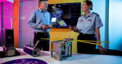 Head of Air Force Capability Air Vice Marshal Catherine Roberts speaks with Professor Russell Boyce about the M2 CubeSat at the University of New South Wales Canberra. Photo by Sergeant Oliver Carter.