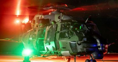 A Royal Australian Navy MRH-90 Taipan multirole helicopter from 808 Squadron, prepares to launch from HMAS Albatross in support of Operation NSW Flood Assist. Photo by LAC John Solomon.