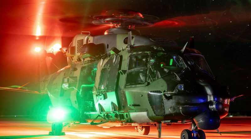 A Royal Australian Navy MRH-90 Taipan multirole helicopter from 808 Squadron, prepares to launch from HMAS Albatross in support of Operation NSW Flood Assist. Photo by LAC John Solomon.