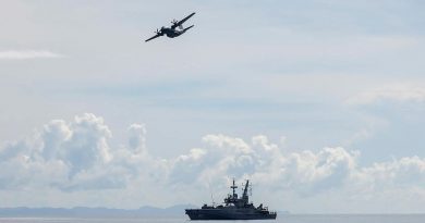 A Royal Australian Air Force C-27J Spartan flies over HMAS Maitland off the coast of Honiara, Solomon Islands, during a maritime surveillance patrol for illegal fishing activity on Operation Solania. Photo by FLTLT Peter Spearman.