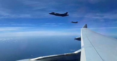 United States Air Force F-35A Lightning IIs from Eielson Air Force Base in Alaska fly alongside a RAAF KC-30A multi-role tanker transport from No. 33 Squadron during Exercise Cope North 2021 in Guam.