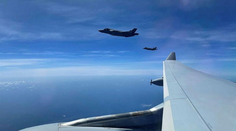 United States Air Force F-35A Lightning IIs from Eielson Air Force Base in Alaska fly alongside a RAAF KC-30A multi-role tanker transport from No. 33 Squadron during Exercise Cope North 2021 in Guam.