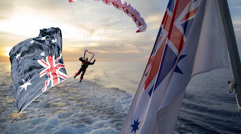 Composite image – An Army Red Beret drops from the sky with the Australian National Flag and the sun sets behind the Australian White Ensign on HMAS Armidale (II). ANF photo by Petty Officer Phil Cullinan. Ensign photo by Petty Officer Yuri Ramsey.