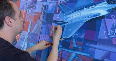 Australian aviation artist Drew Harrison puts finishing touches on the artwork he was commissioned to paint to mark the Centenary of the Royal Australian Air Force. Image supplied.