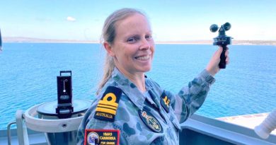 Meteorologist and oceanographer Lieutenant Commander Fiona Simmonds uses an anemometer to measure wind speed aboard HMAS Canberra in Jervis Bay.